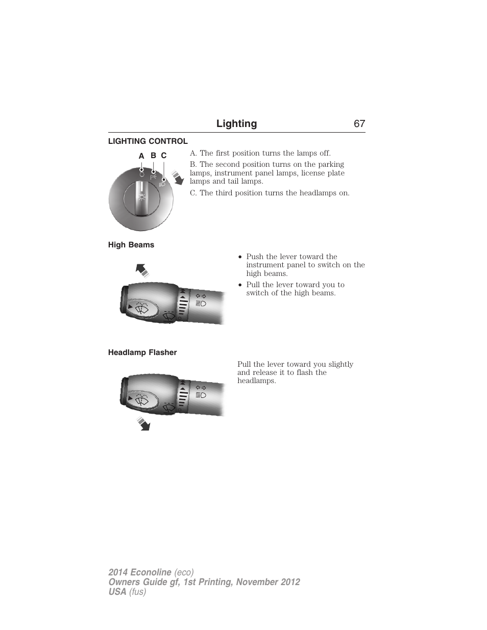 Lighting, Lighting control, High beams | Headlamp flasher, Lighting 67 | FORD 2014 E-450 v.1 User Manual | Page 68 / 438