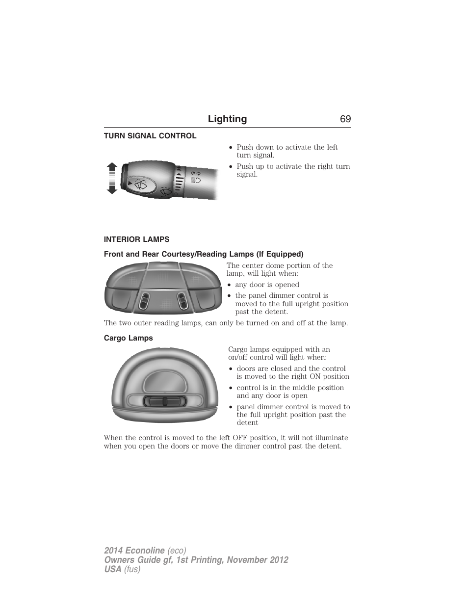 Turn signal control, Interior lamps, Cargo lamps | Lighting 69 | FORD 2014 E-450 v.1 User Manual | Page 70 / 438