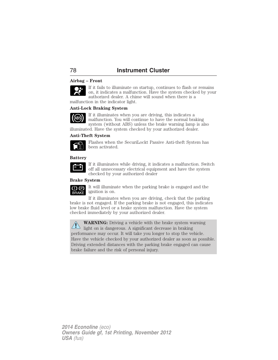 78 instrument cluster | FORD 2014 E-450 v.1 User Manual | Page 79 / 438