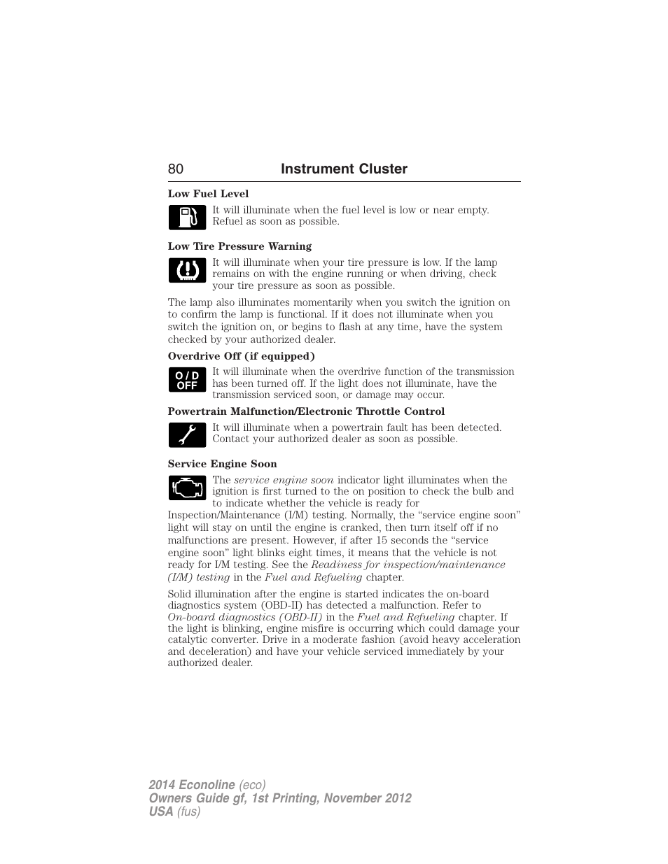 80 instrument cluster | FORD 2014 E-450 v.1 User Manual | Page 81 / 438