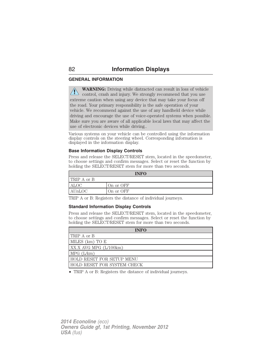 Information displays, General information, Base information display controls | Standard information display controls, Controls, 82 information displays | FORD 2014 E-450 v.1 User Manual | Page 83 / 438