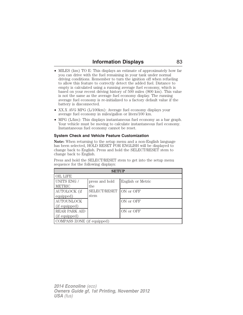 System check and vehicle feature customization, Information displays 83 | FORD 2014 E-450 v.1 User Manual | Page 84 / 438