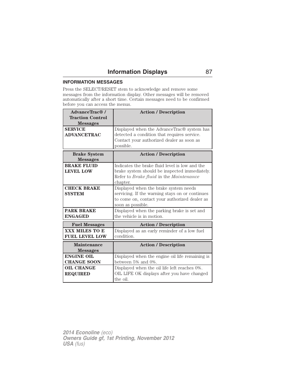 Information messages, Information displays 87 | FORD 2014 E-450 v.1 User Manual | Page 88 / 438