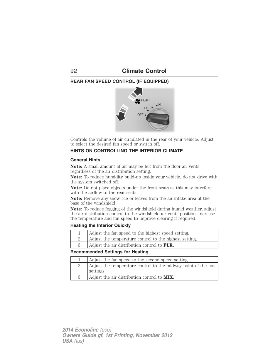 Rear fan speed control (if equipped), Hints on controlling the interior climate, General hints | Heating the interior quickly, Recommended settings for heating, 92 climate control | FORD 2014 E-450 v.1 User Manual | Page 93 / 438