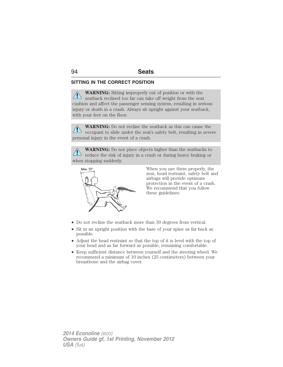 Seats, Sitting in the correct position, 94 seats | FORD 2014 E-450 v.1 User Manual | Page 95 / 438