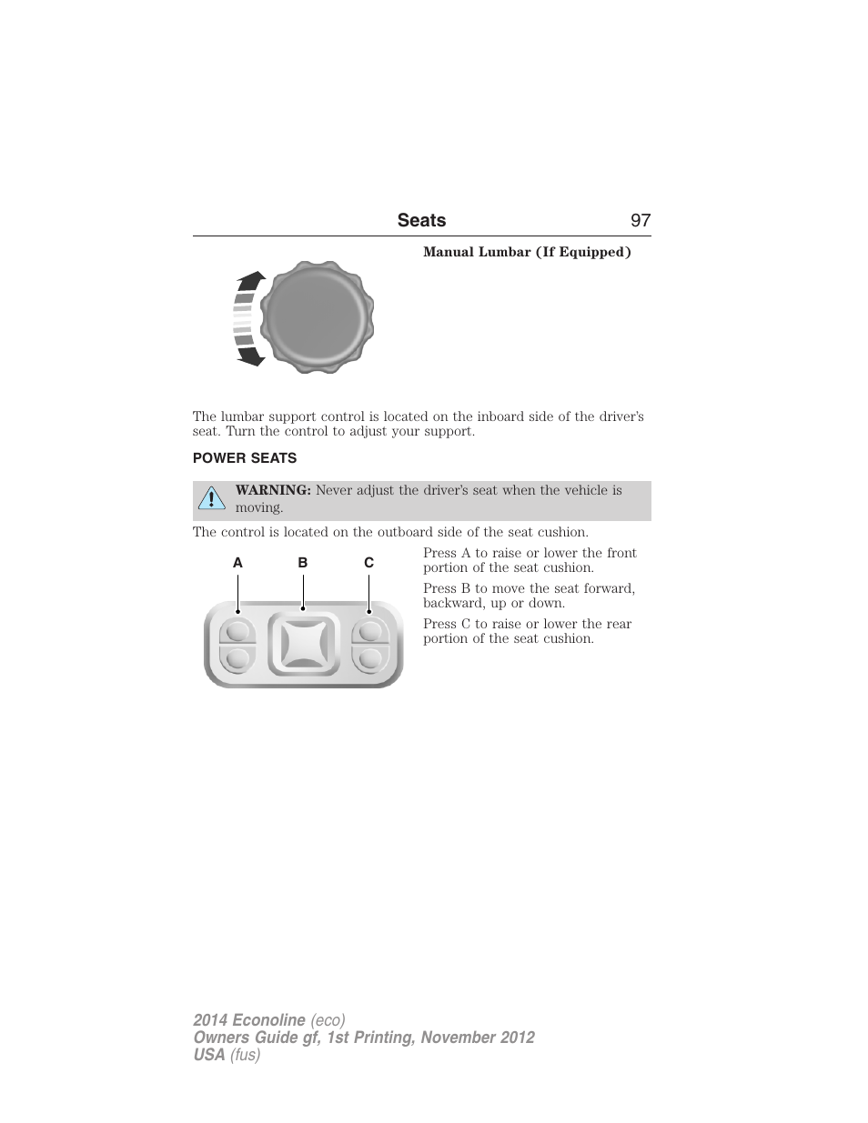 Power seats, Seats 97 | FORD 2014 E-450 v.1 User Manual | Page 98 / 438