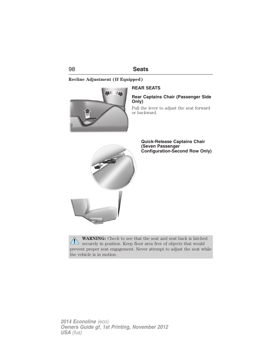 Rear seats, Rear captains chair (passenger side only), 98 seats | FORD 2014 E-450 v.1 User Manual | Page 99 / 438