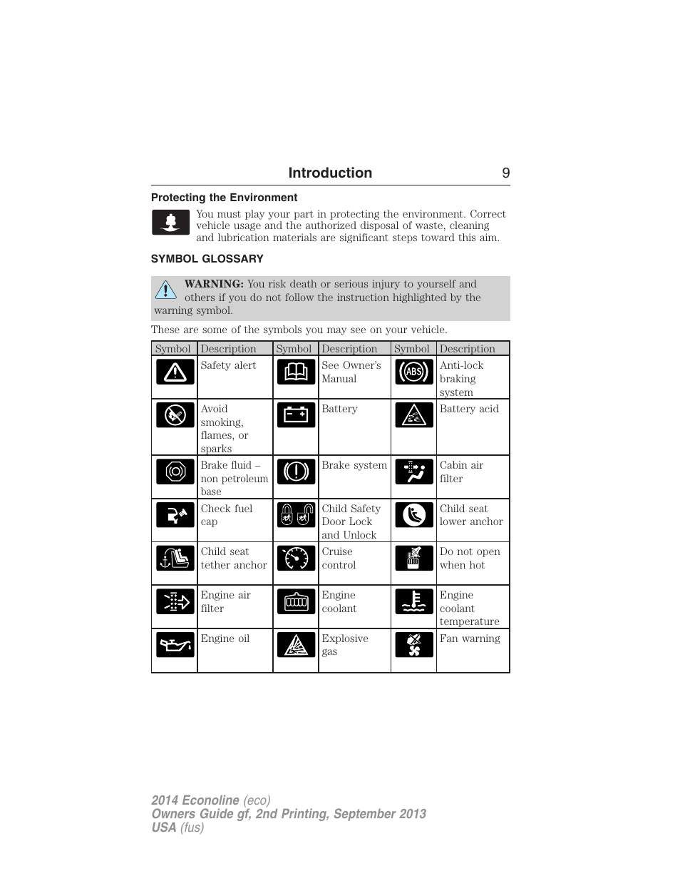 Protecting the environment, Symbol glossary, Introduction 9 | FORD 2014 E-450 v.2 User Manual | Page 10 / 443