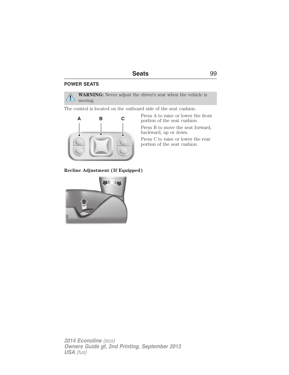 Power seats, Seats 99 | FORD 2014 E-450 v.2 User Manual | Page 100 / 443