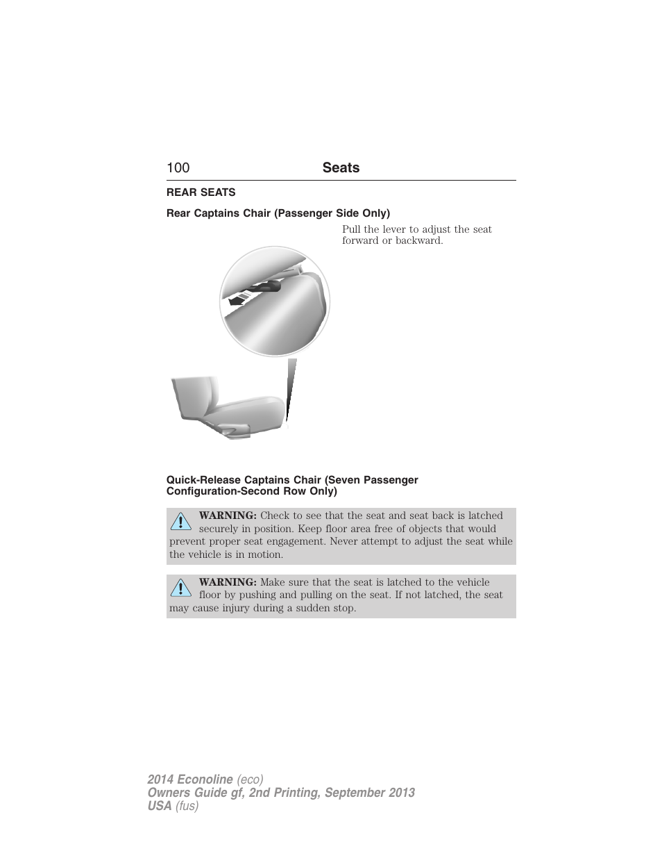 Rear seats, Rear captains chair (passenger side only), 100 seats | FORD 2014 E-450 v.2 User Manual | Page 101 / 443