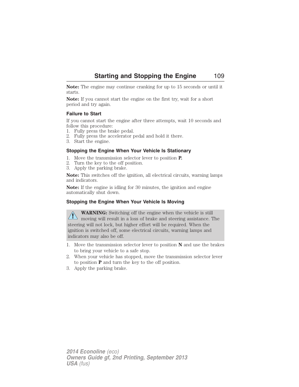 Failure to start, Stopping the engine when your vehicle is moving, Starting and stopping the engine 109 | FORD 2014 E-450 v.2 User Manual | Page 110 / 443