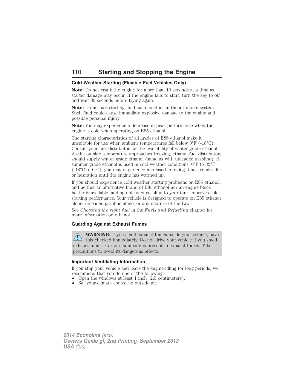 Guarding against exhaust fumes, Important ventilating information, 110 starting and stopping the engine | FORD 2014 E-450 v.2 User Manual | Page 111 / 443