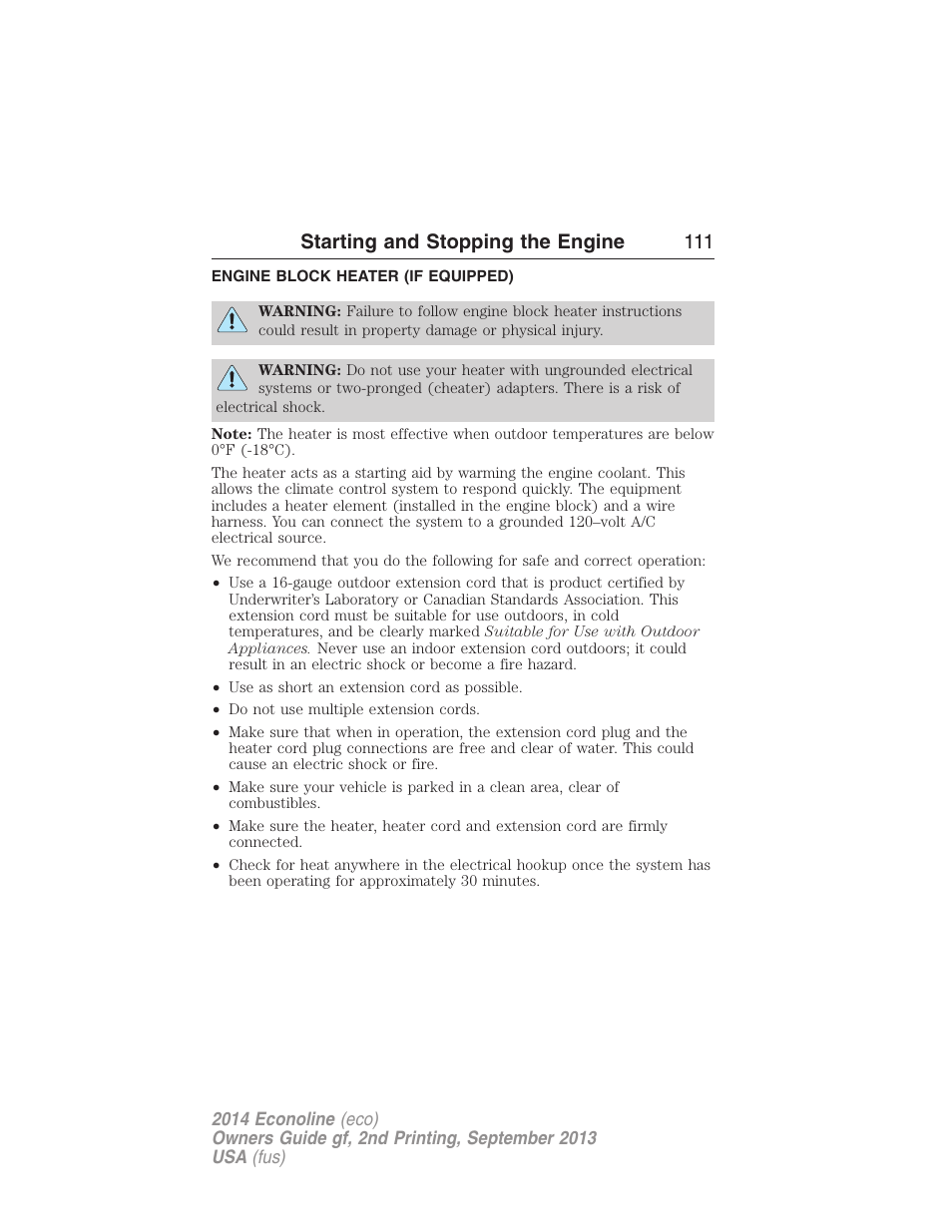 Engine block heater (if equipped), Engine block heater, Starting and stopping the engine 111 | FORD 2014 E-450 v.2 User Manual | Page 112 / 443