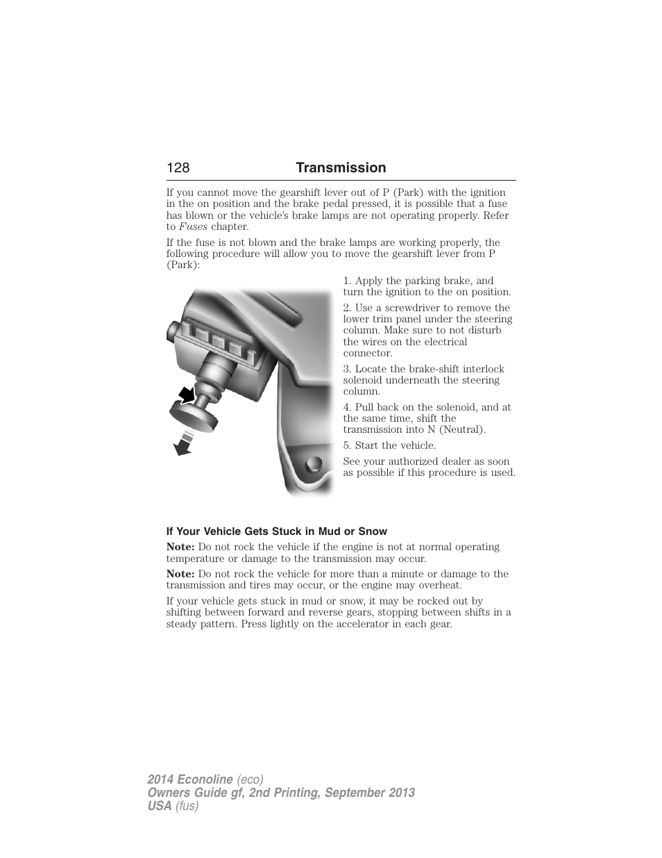 If your vehicle gets stuck in mud or snow, 128 transmission | FORD 2014 E-450 v.2 User Manual | Page 129 / 443