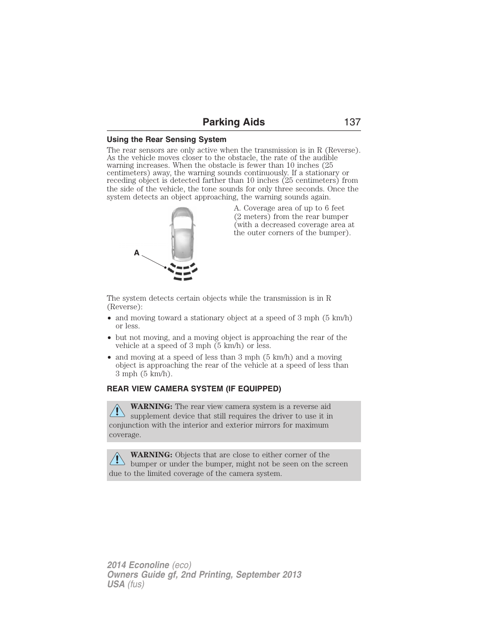 Using the rear sensing system, Rear view camera system (if equipped), Rear-view camera system | Parking aids 137 | FORD 2014 E-450 v.2 User Manual | Page 138 / 443