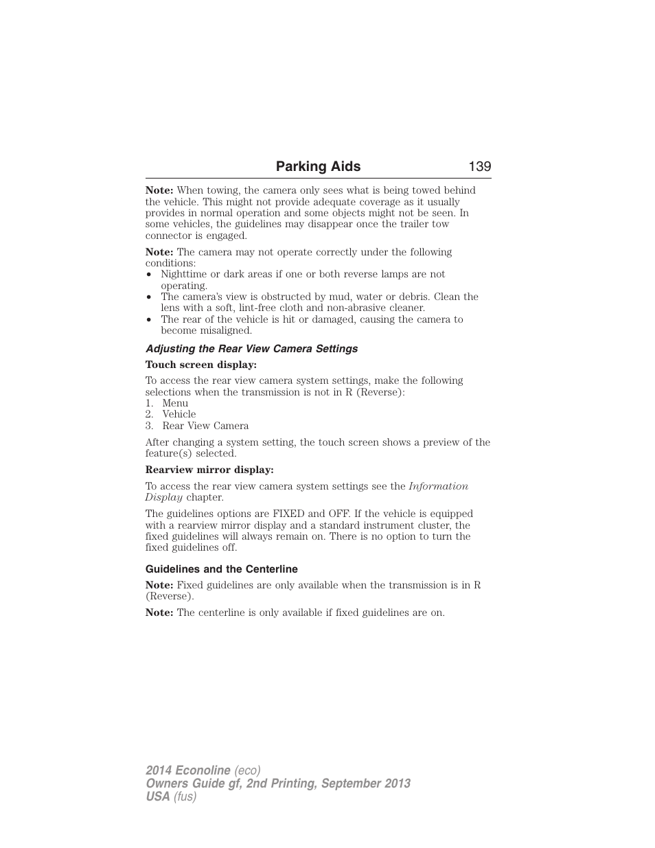 Adjusting the rear view camera settings, Guidelines and the centerline, Parking aids 139 | FORD 2014 E-450 v.2 User Manual | Page 140 / 443