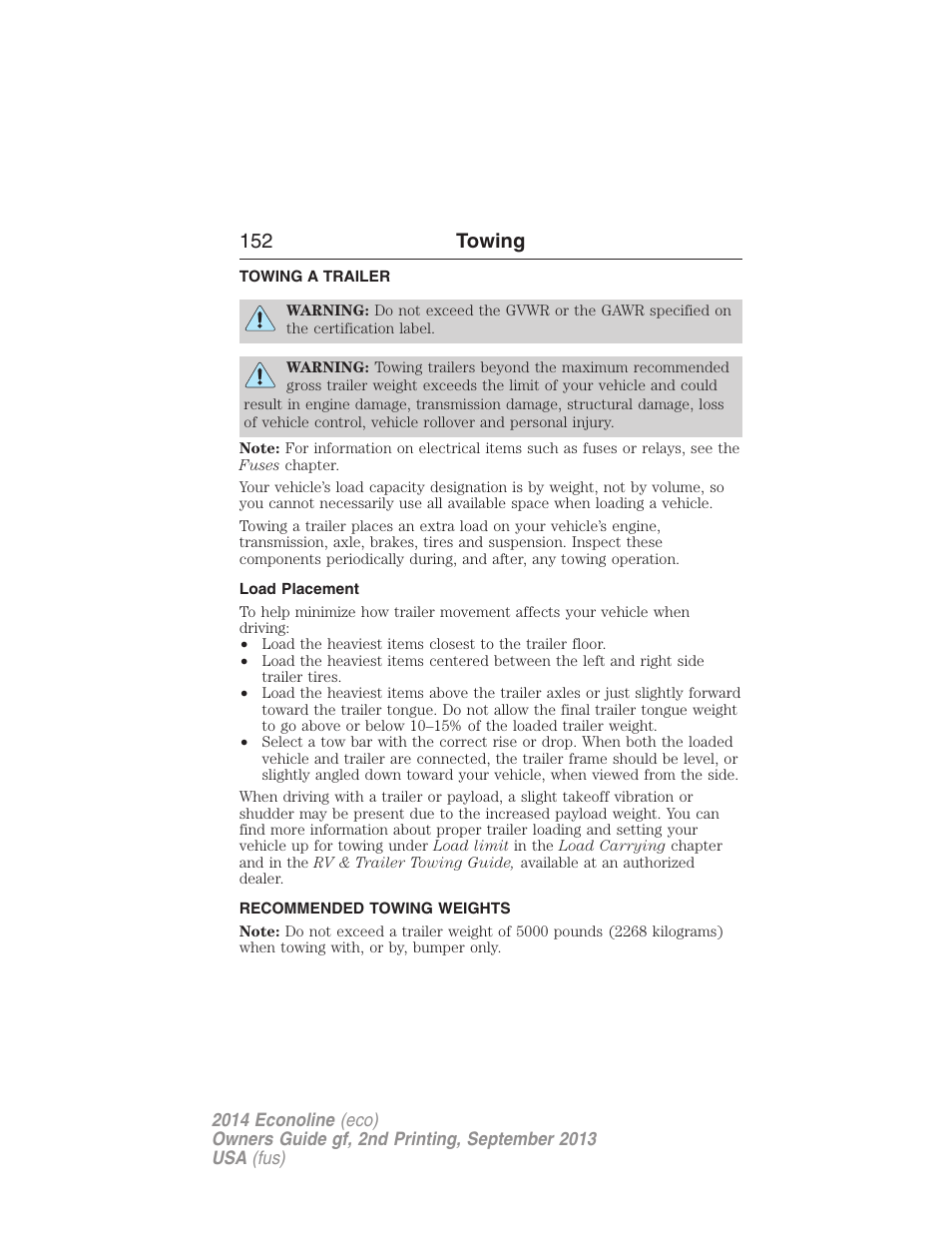 Towing, Towing a trailer, Load placement | Recommended towing weights, Trailer towing, 152 towing | FORD 2014 E-450 v.2 User Manual | Page 153 / 443