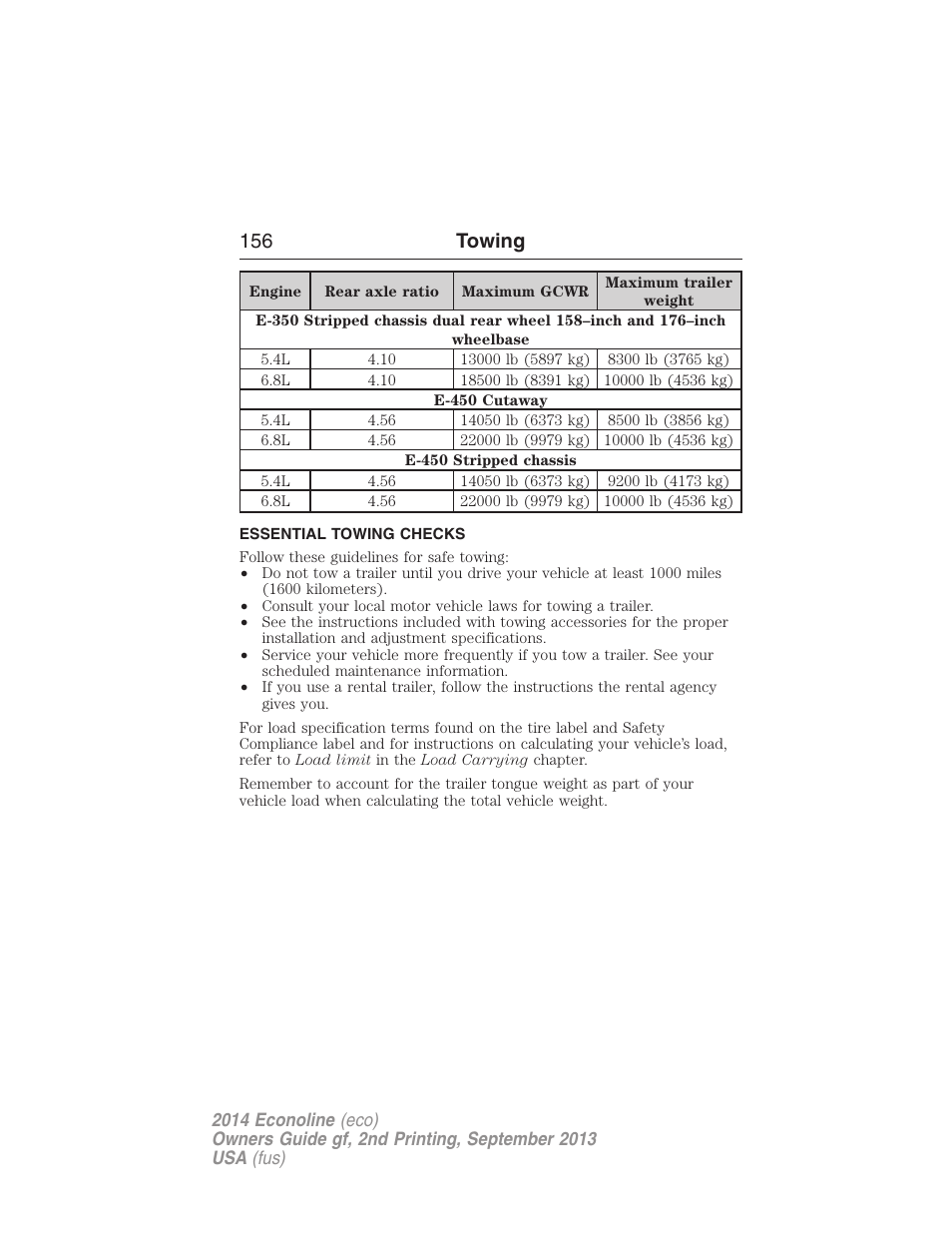 Essential towing checks, 156 towing | FORD 2014 E-450 v.2 User Manual | Page 157 / 443