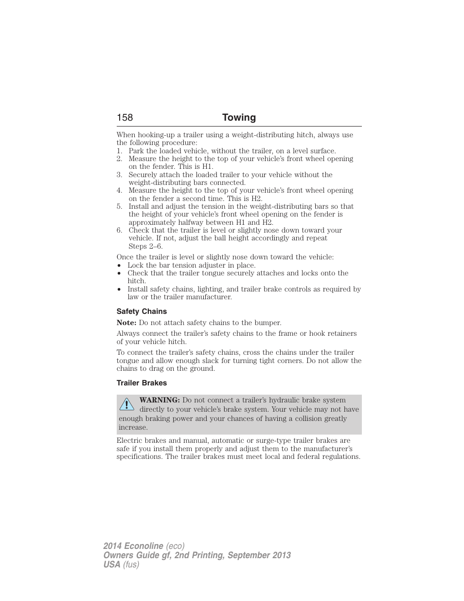 Safety chains, Trailer brakes, 158 towing | FORD 2014 E-450 v.2 User Manual | Page 159 / 443