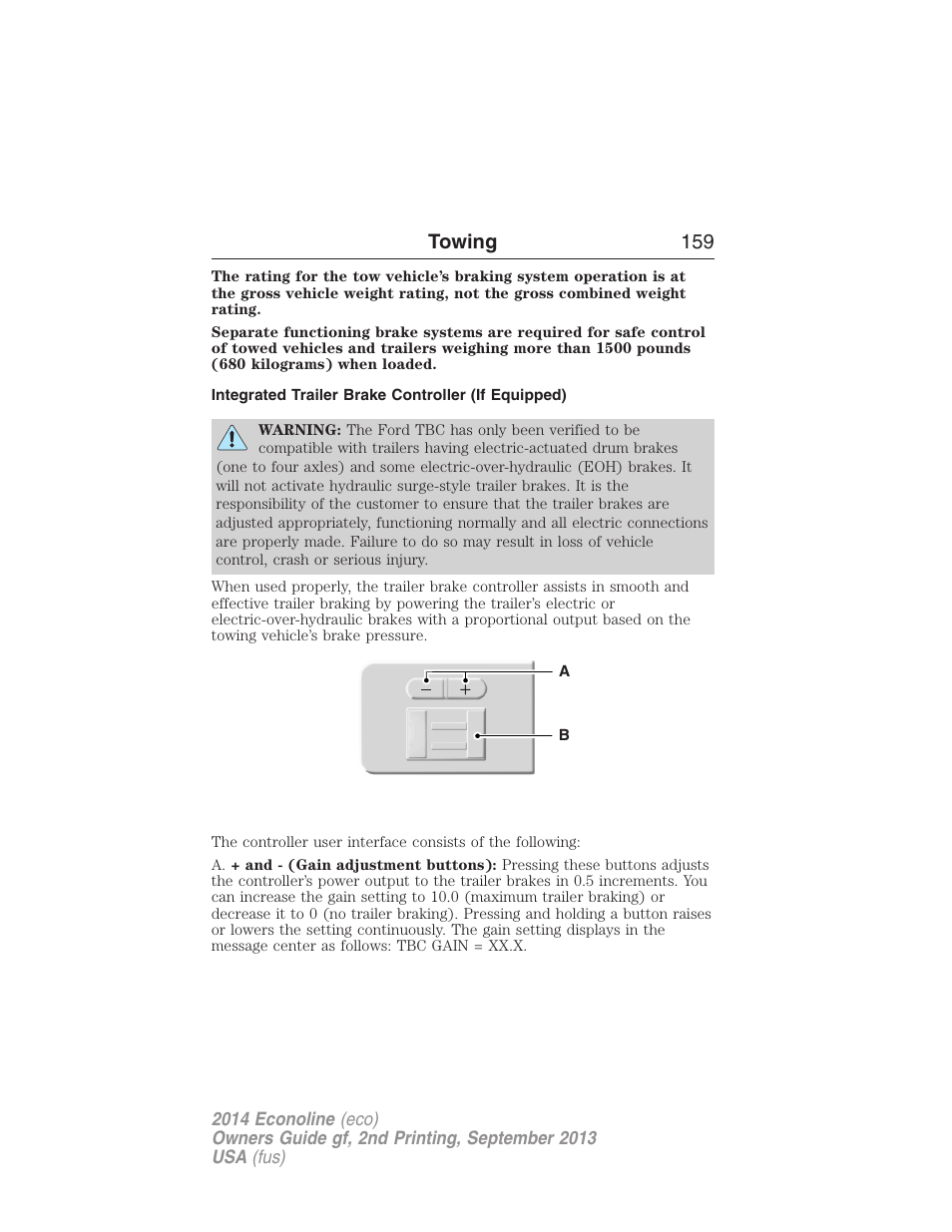Integrated trailer brake controller (if equipped), Trailer brake controller-integrated, Towing 159 | FORD 2014 E-450 v.2 User Manual | Page 160 / 443