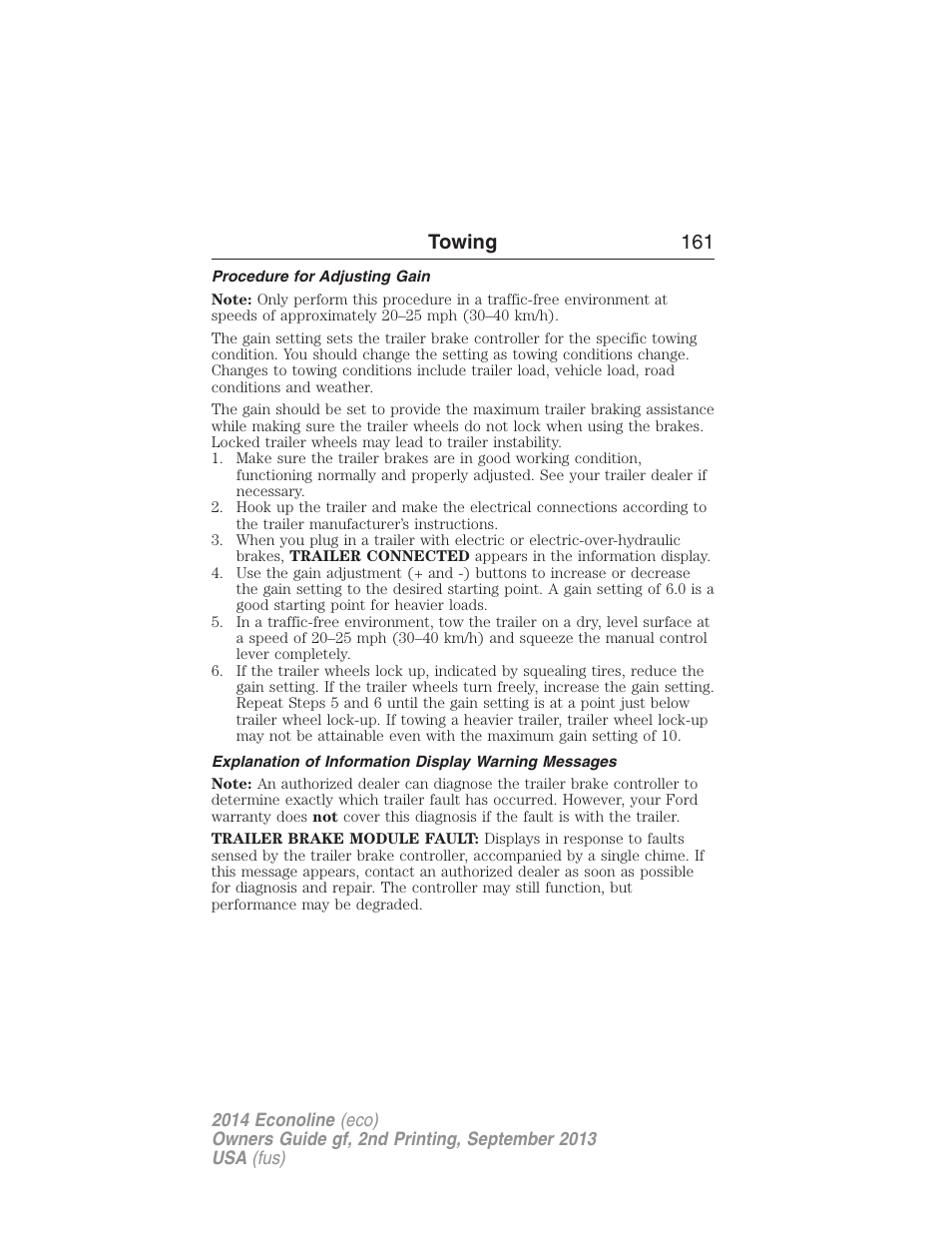 Procedure for adjusting gain, Towing 161 | FORD 2014 E-450 v.2 User Manual | Page 162 / 443