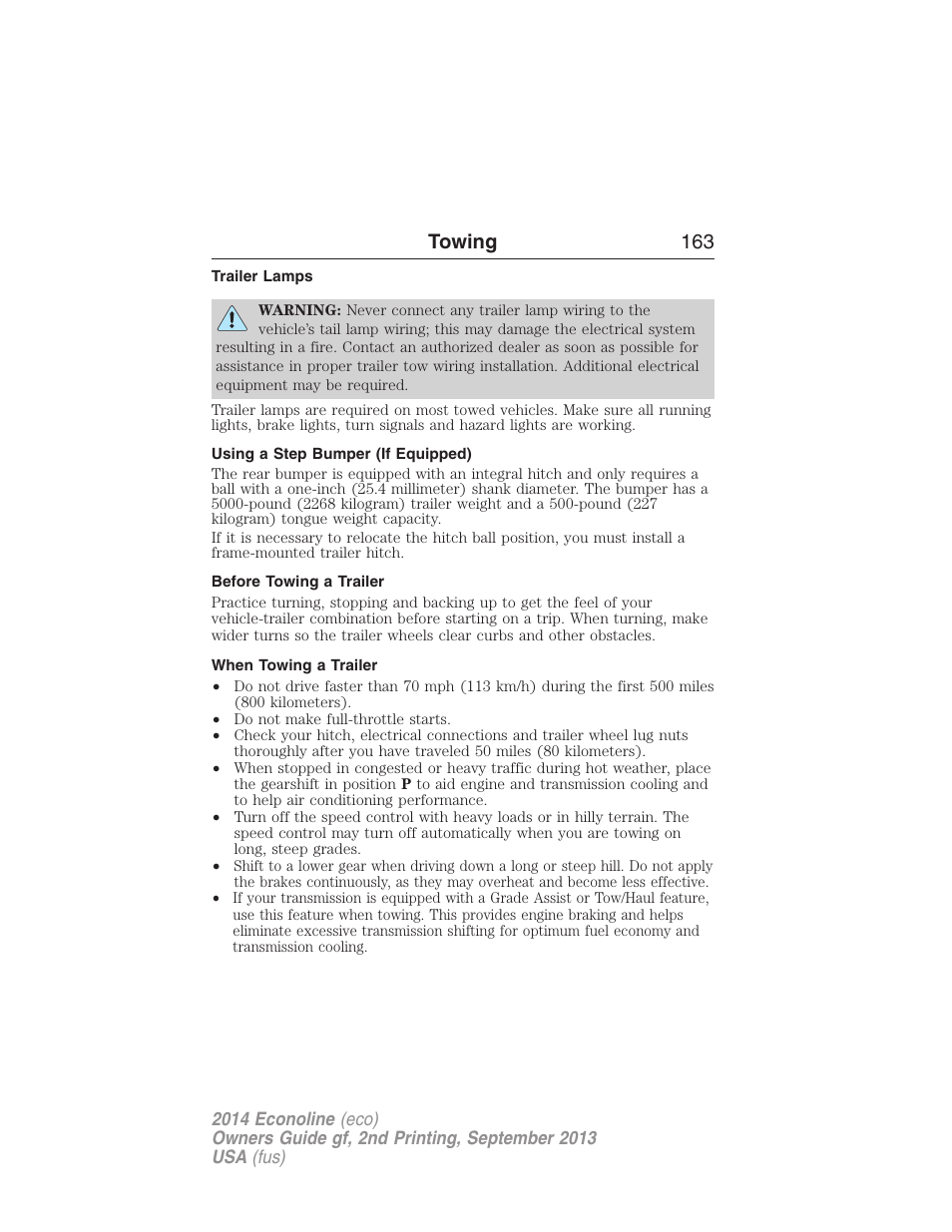 Trailer lamps, Using a step bumper (if equipped), Before towing a trailer | When towing a trailer, Towing 163 | FORD 2014 E-450 v.2 User Manual | Page 164 / 443