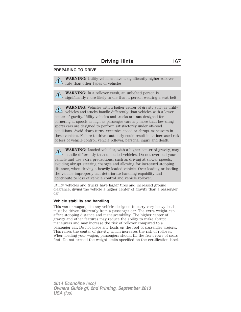 Driving hints, Preparing to drive, Vehicle stability and handling | Driving hints 167 | FORD 2014 E-450 v.2 User Manual | Page 168 / 443