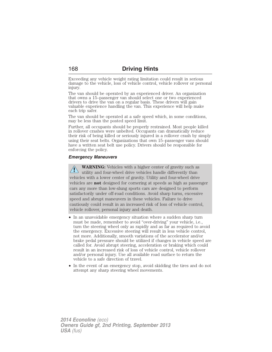 Emergency maneuvers, 168 driving hints | FORD 2014 E-450 v.2 User Manual | Page 169 / 443