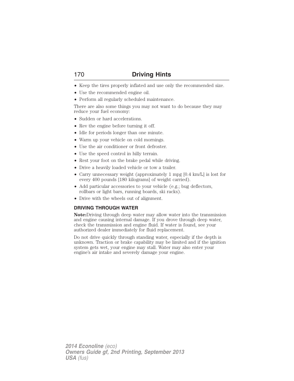 Driving through water, 170 driving hints | FORD 2014 E-450 v.2 User Manual | Page 171 / 443
