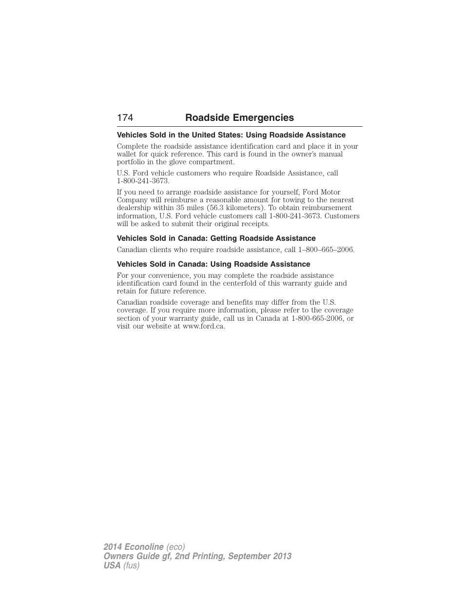 Vehicles sold in canada: using roadside assistance, 174 roadside emergencies | FORD 2014 E-450 v.2 User Manual | Page 175 / 443