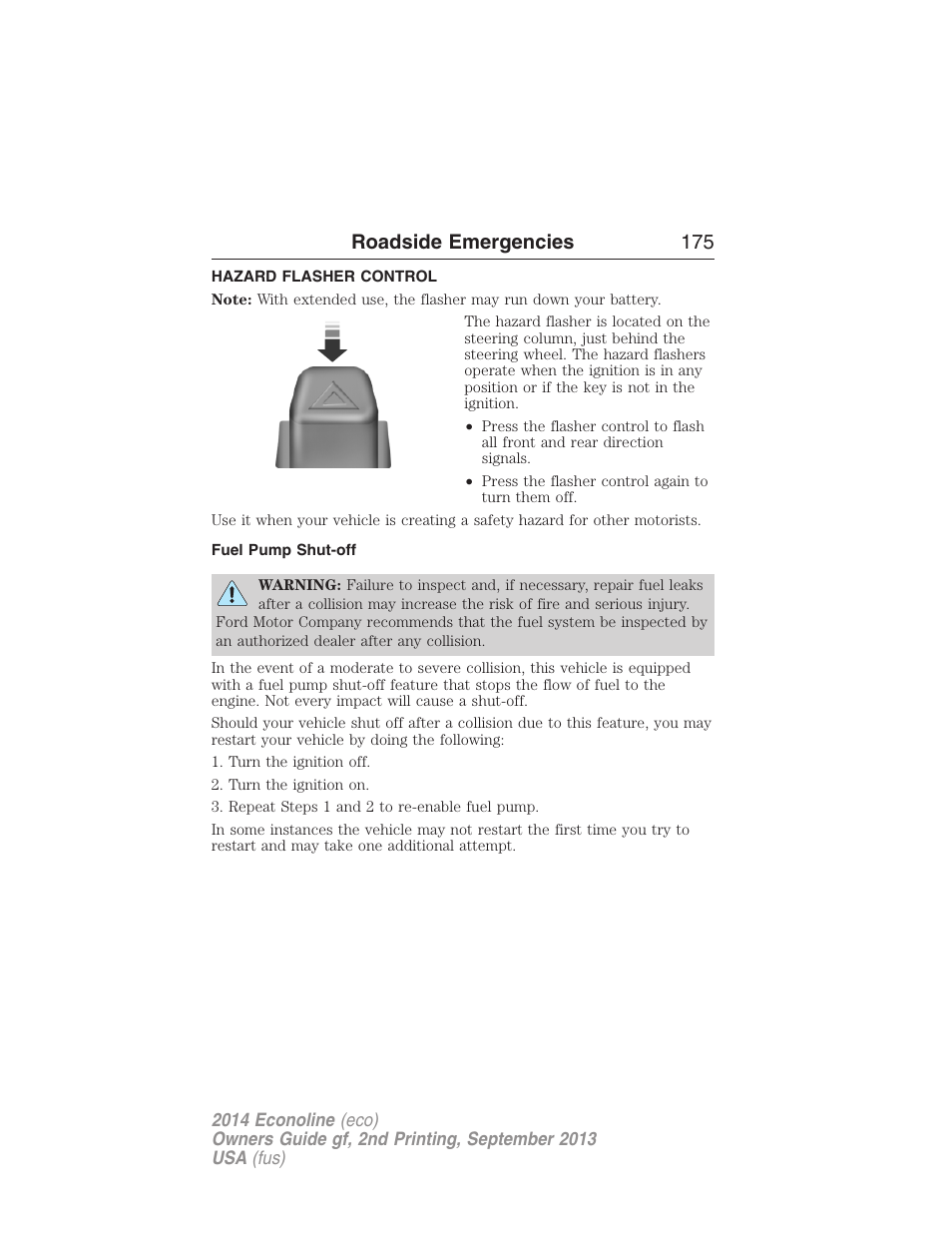 Hazard flasher control, Fuel pump shut-off, Roadside emergencies 175 | FORD 2014 E-450 v.2 User Manual | Page 176 / 443