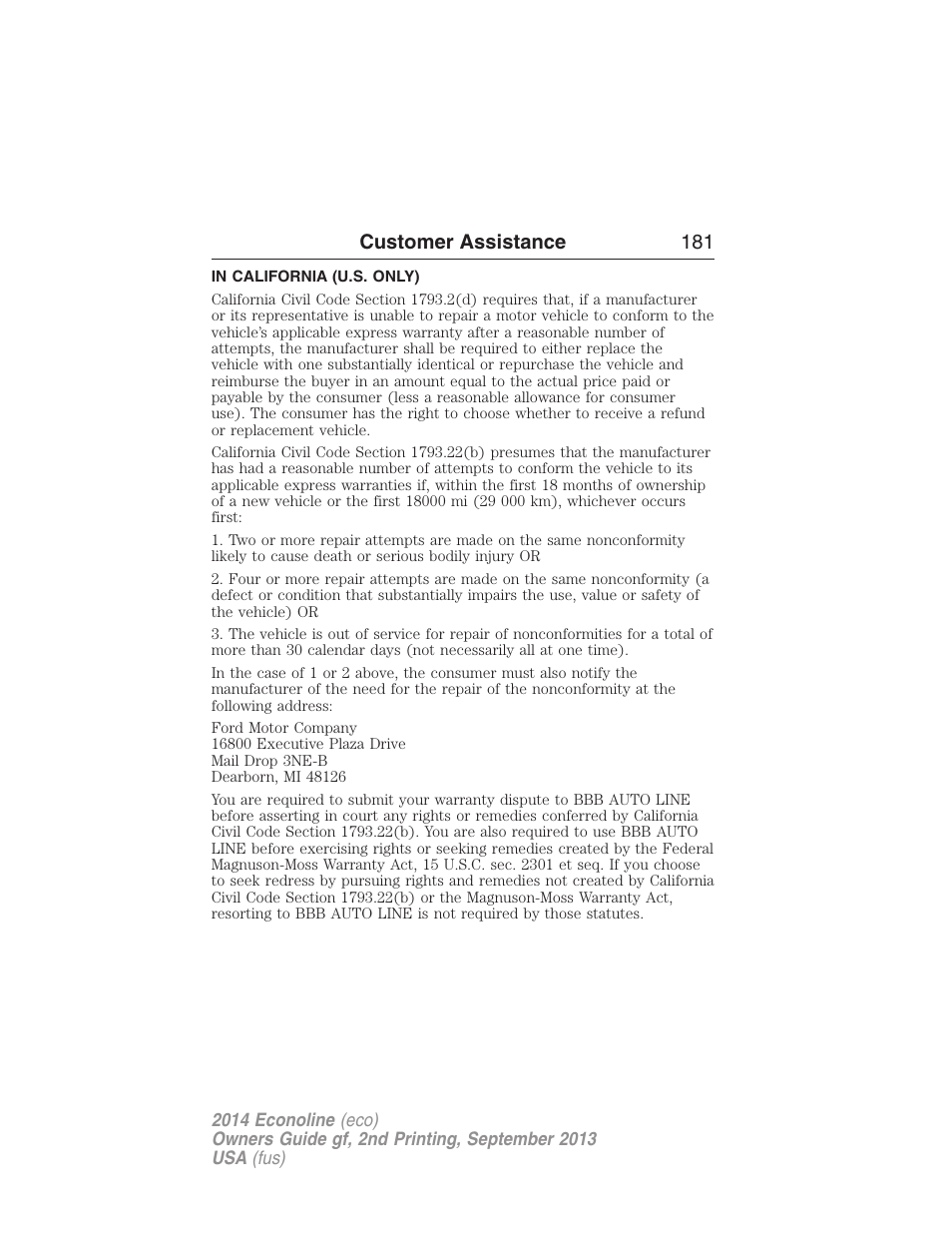 In california (u.s. only), Customer assistance 181 | FORD 2014 E-450 v.2 User Manual | Page 182 / 443