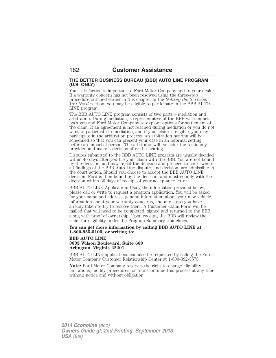 182 customer assistance | FORD 2014 E-450 v.2 User Manual | Page 183 / 443