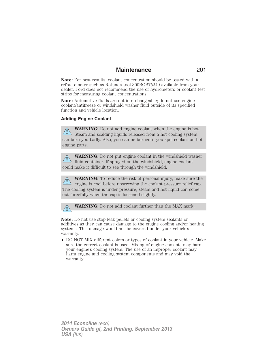 Adding engine coolant, Maintenance 201 | FORD 2014 E-450 v.2 User Manual | Page 202 / 443