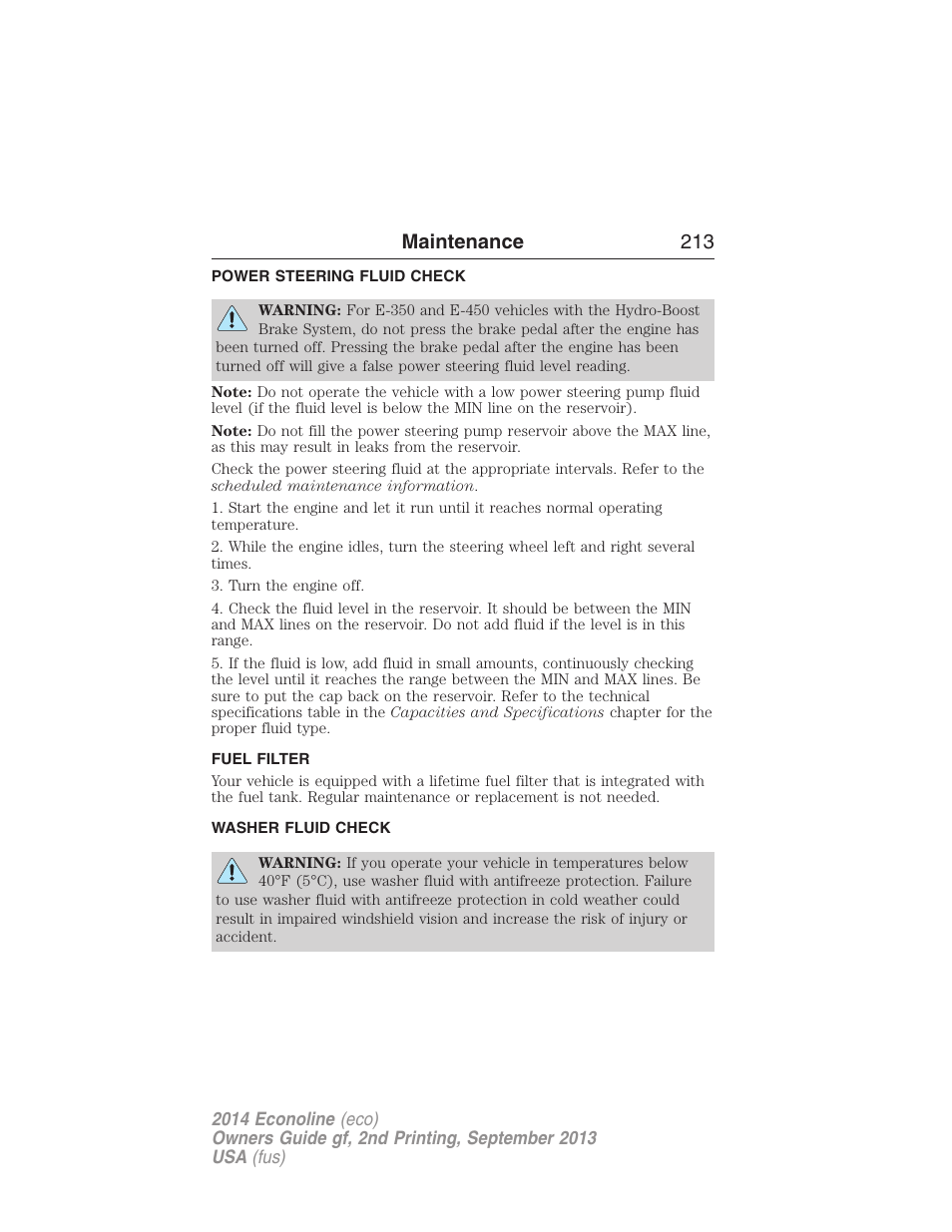 Power steering fluid check, Fuel filter, Washer fluid check | Maintenance 213 | FORD 2014 E-450 v.2 User Manual | Page 214 / 443