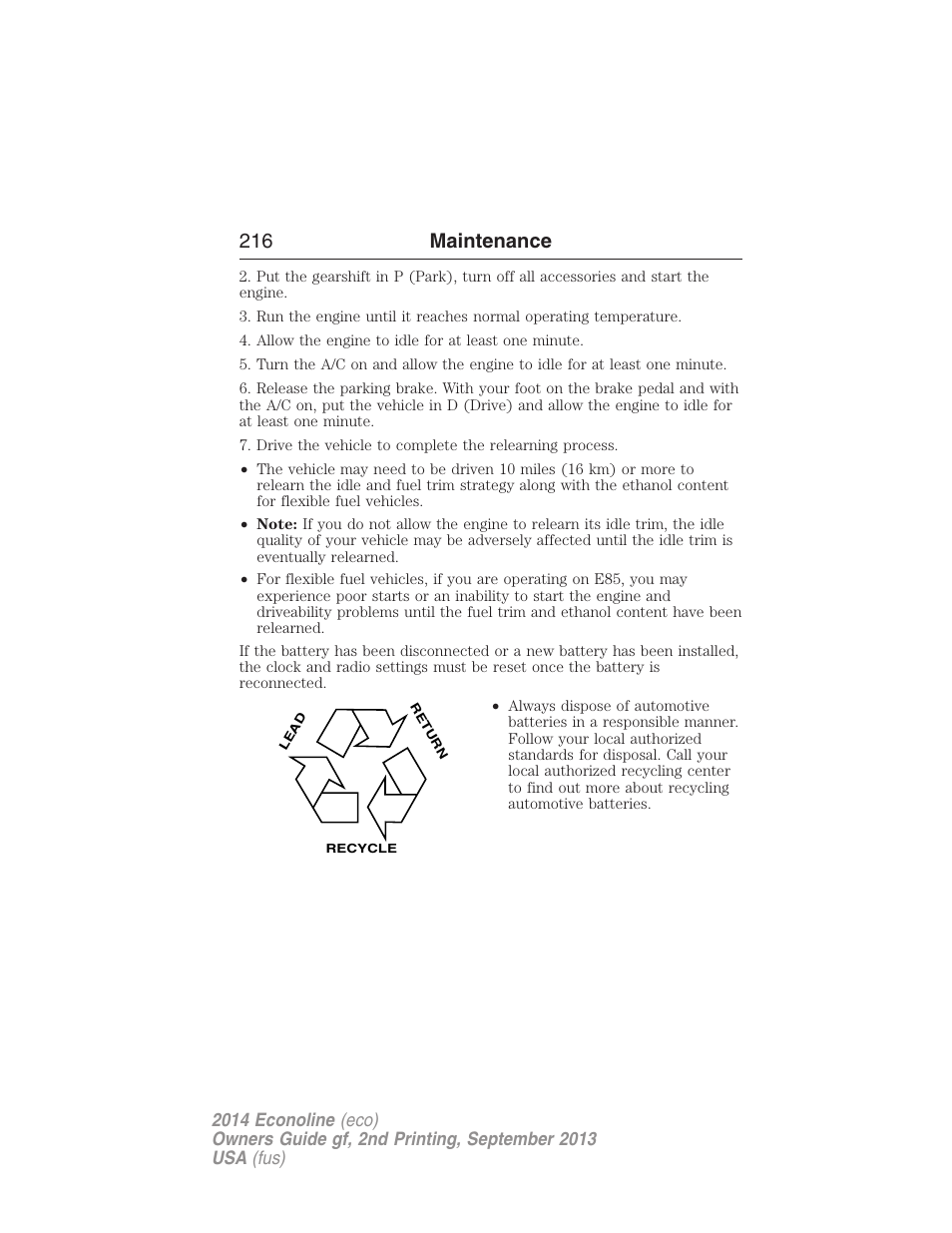 216 maintenance | FORD 2014 E-450 v.2 User Manual | Page 217 / 443