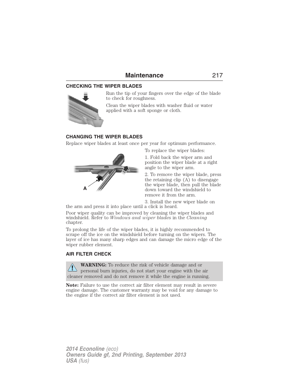 Checking the wiper blades, Changing the wiper blades, Air filter check | Air filter(s), Maintenance 217 | FORD 2014 E-450 v.2 User Manual | Page 218 / 443