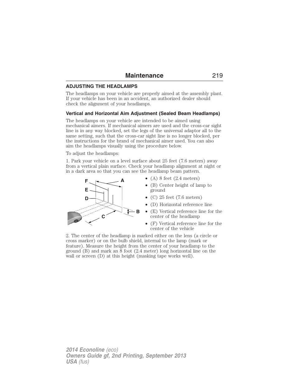 Adjusting the headlamps, Maintenance 219 | FORD 2014 E-450 v.2 User Manual | Page 220 / 443