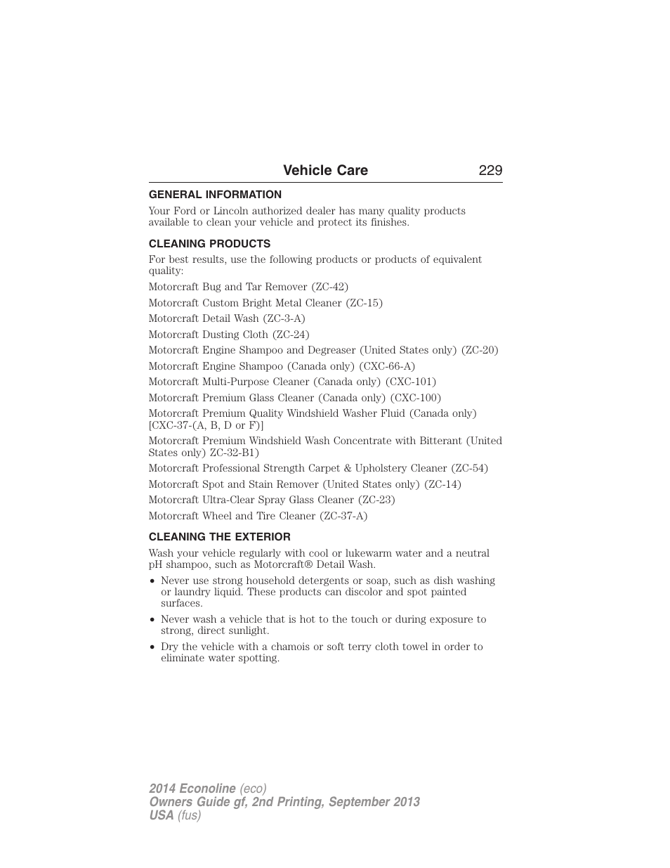 Vehicle care, General information, Cleaning products | Cleaning the exterior, Vehicle care 229 | FORD 2014 E-450 v.2 User Manual | Page 230 / 443