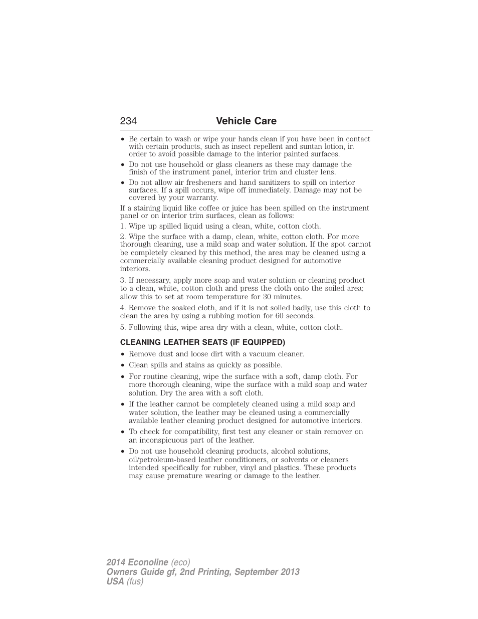 Cleaning leather seats (if equipped), Cleaning leather seats, 234 vehicle care | FORD 2014 E-450 v.2 User Manual | Page 235 / 443