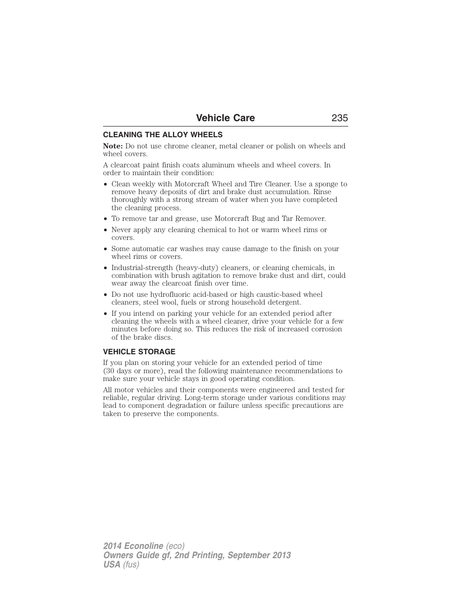 Cleaning the alloy wheels, Vehicle storage, Vehicle care 235 | FORD 2014 E-450 v.2 User Manual | Page 236 / 443