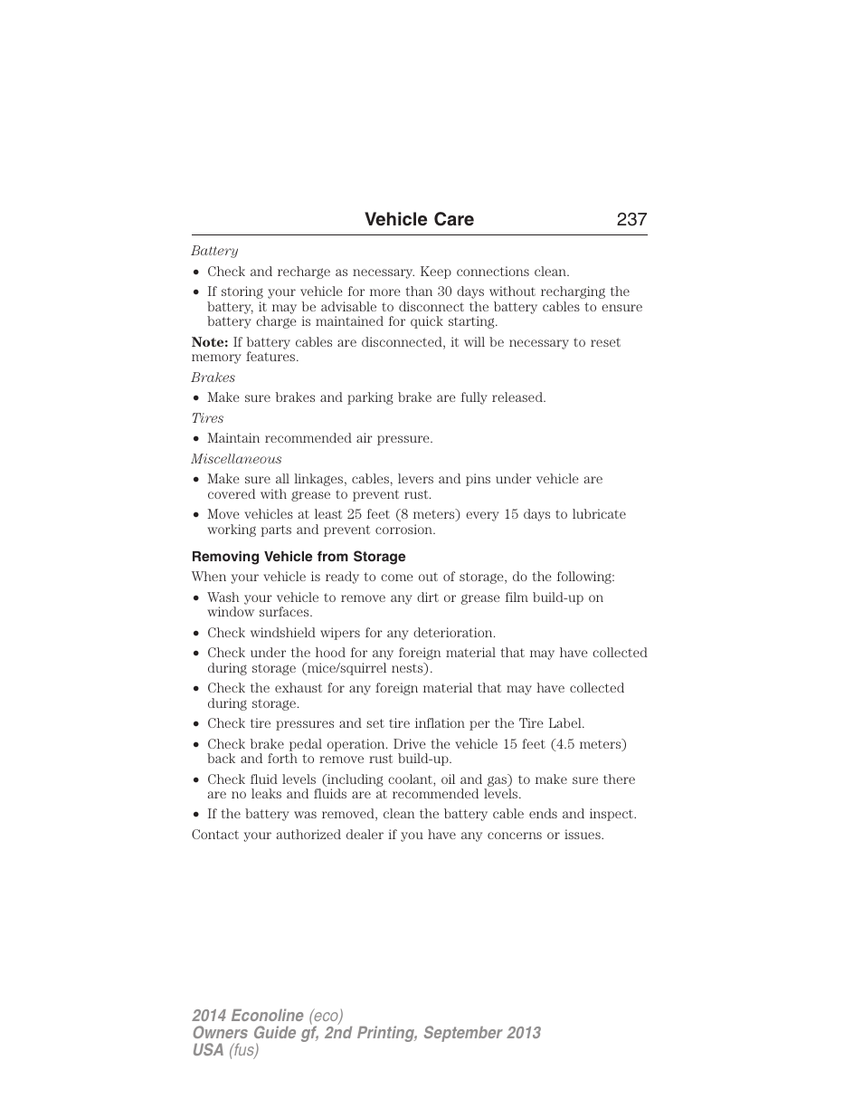 Removing vehicle from storage, Vehicle care 237 | FORD 2014 E-450 v.2 User Manual | Page 238 / 443
