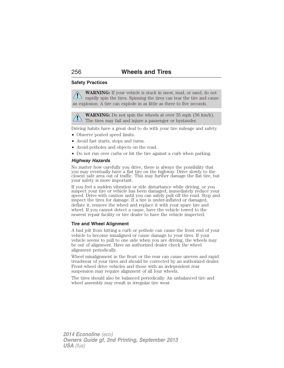 Safety practices, Highway hazards, Tire and wheel alignment | 256 wheels and tires | FORD 2014 E-450 v.2 User Manual | Page 257 / 443