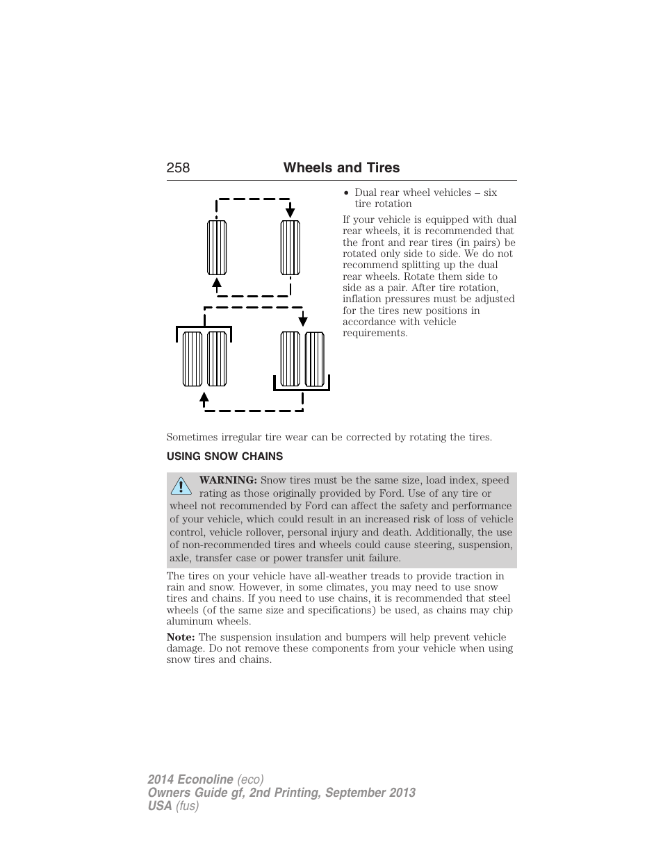 Using snow chains, 258 wheels and tires | FORD 2014 E-450 v.2 User Manual | Page 259 / 443