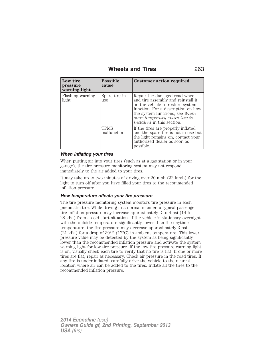 When inflating your tires, How temperature affects your tire pressure, Wheels and tires 263 | FORD 2014 E-450 v.2 User Manual | Page 264 / 443