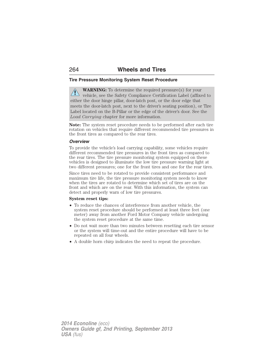 Tire pressure monitoring system reset procedure, Overview, 264 wheels and tires | FORD 2014 E-450 v.2 User Manual | Page 265 / 443
