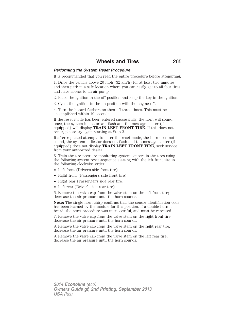 Performing the system reset procedure, Wheels and tires 265 | FORD 2014 E-450 v.2 User Manual | Page 266 / 443