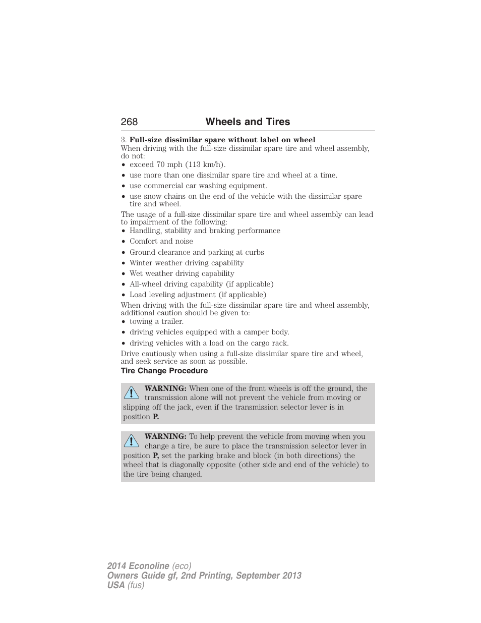 Tire change procedure, 268 wheels and tires | FORD 2014 E-450 v.2 User Manual | Page 269 / 443