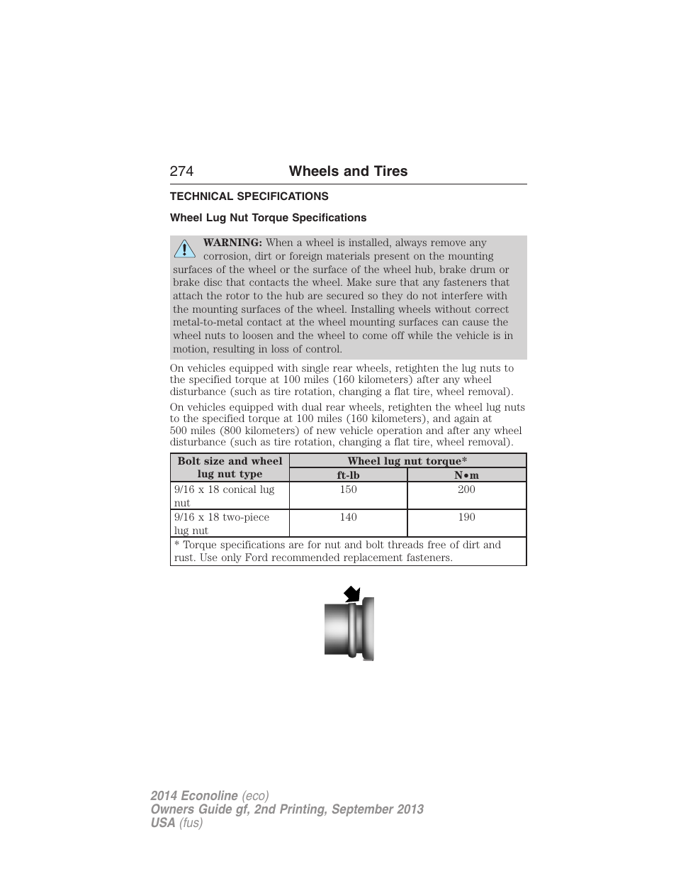 Technical specifications, Wheel lug nut torque specifications, Wheel lug nut torque | 274 wheels and tires | FORD 2014 E-450 v.2 User Manual | Page 275 / 443