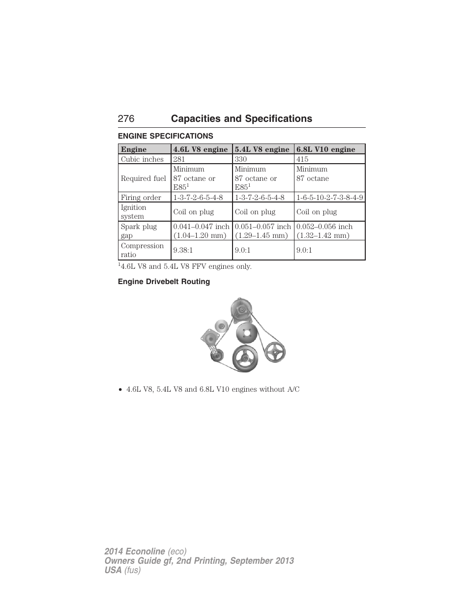 Capacities and specifications, Engine specifications, Engine drivebelt routing | Engine drivebelt, 276 capacities and specifications | FORD 2014 E-450 v.2 User Manual | Page 277 / 443